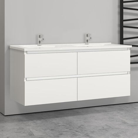 Aica Sanitaire 120(L)x46(P)x52(H)cm Meuble salle de bain blanc avec 4 tiroirs à une fermeture amortie avec deux vasques à suspendre