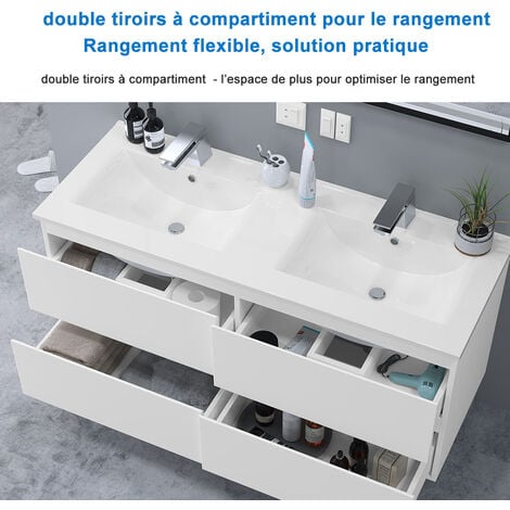 Aica Sanitaire 120(L)x46(P)x52(H)cm Meuble salle de bain blanc avec 4 tiroirs à une fermeture amortie avec deux vasques à suspendre