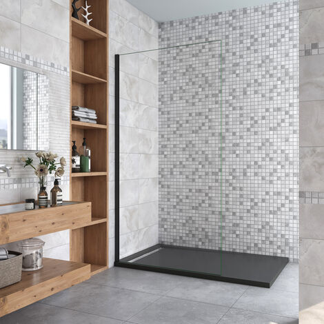 Aica Sanitaire – Paroi de douche 90x200cm – Verre anticalcaire 8mm – Profilé noir mat – Installation facile sur douche italienne – Accès sans porte