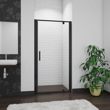 Aica Sanitaire – Porte de douche pivotante noire 90x185cm – Verre trempé 6mm – Installation en niche – Ouverture à 180° – Joints d'étanchéité inclus