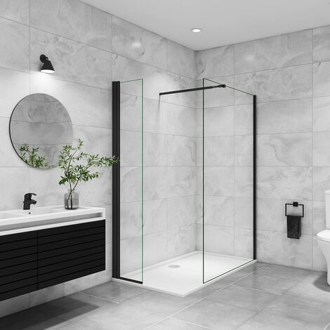 AICA paroi de douche à l'italienne 110x200cm avec une barre de fixation paroi de douche pivotante 45x200cm profil noir (1/5)
