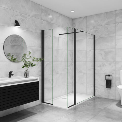 AICA paroi de douche avec retour pivotant 110+40x200cm avec une barre extensible paroi de douche pivotante 45x200cm profil en Noir mat (1/5)