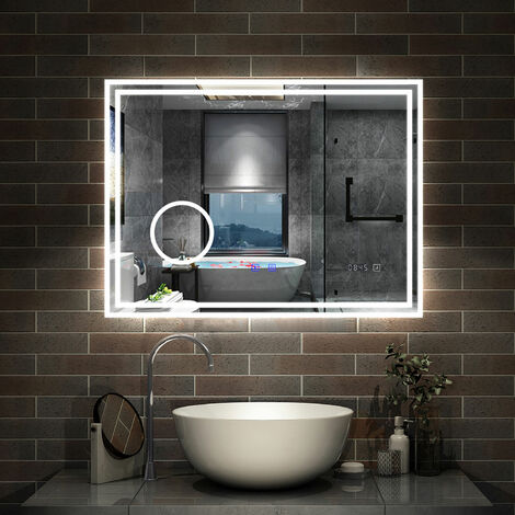 AICA sanitaire Simple Bluetooth LED miroir de salle de bain tricolore tactile avec anti-buée et horloge et miroir grossissant 3x, suspendu horizontalement 80x60cm