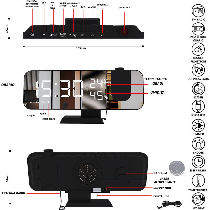 Sveglia Digitale Da Comodino Con Proiettore Rotazione 180° Sveglia  Multifunzione Radio FM Porta USB Temperatura Termometro Umidità 3 Livelli  Luminosità Snooze 15 Livelli Volume Camera Da Letto Comò