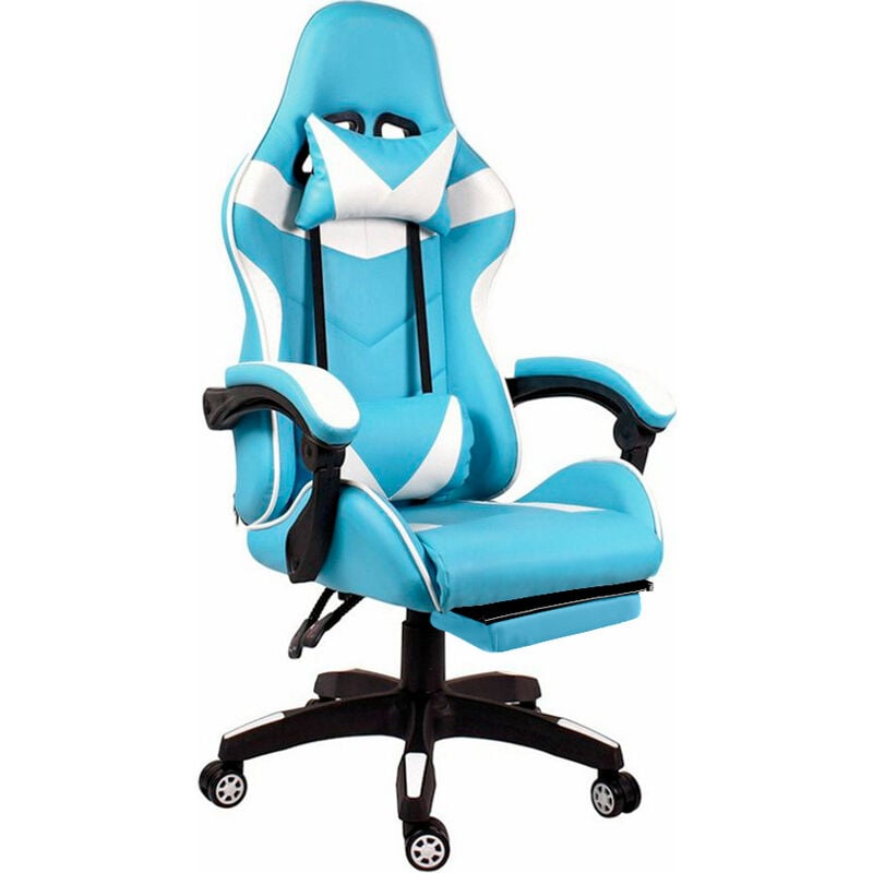 Sedia Gaming Poltrona Ufficio Scrivania Casa PC Stile Racing Girevole  Ergonomica In Ecopelle Rotelle Cuscino Supporto Lombare Poggiapiedi  Poggiatesta Braccioli Altezza Regolabile (Azzurro e Bianco)