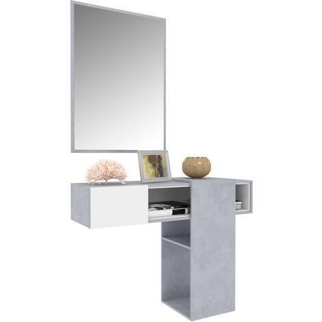 Mobile Danzica Mobiletto da Ingresso Mensola Sospesa con Specchio E Ripiani Scorrevole Arredo Arredamento Sala 100 x 31.5 x 75 cm Colore Bianco e Cemento