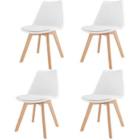 Set Di 4 Sedie Per Sala Da Pranzo Ufficio Con Gambe In Faggio Legno Massello Massiccio Stile Nordico Scandinavo Comoda Seduta Imbottita Ideale Per Soggiorno Sala Riunione (Bianco)