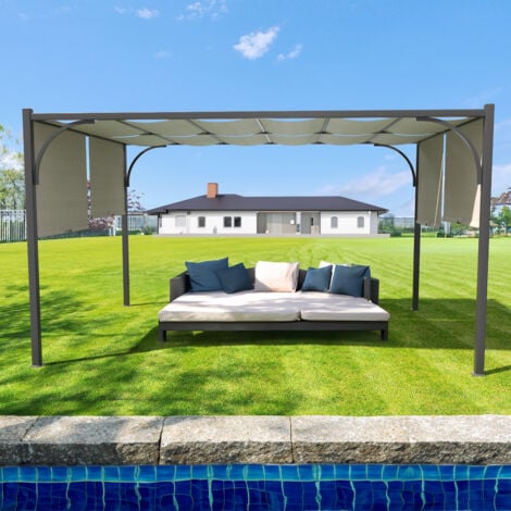 Gazebo Pergola 3x3 M Pergolato Con Tetto Scorrevole Telo Colore Beige Impermeabile Retrattile Richiudibile Struttura Nera In Acciaio Giardino Terrazzo Piscina Esterno Campeggio Design Elegante Moderno