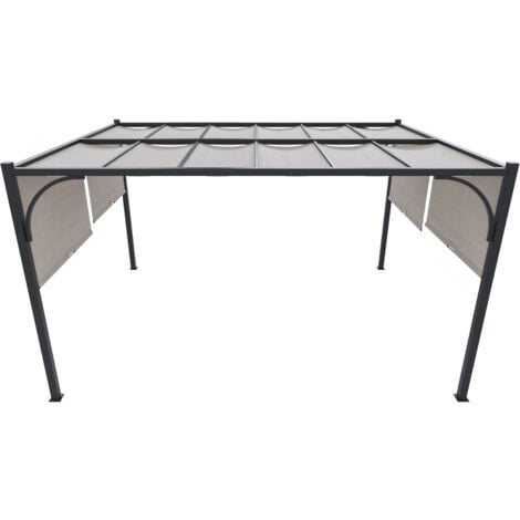 Gazebo Pergola 3x3 M Pergolato Con Tetto Scorrevole Telo Colore Beige Impermeabile Retrattile Richiudibile Struttura Nera In Acciaio Giardino Terrazzo Piscina Esterno Campeggio Design Elegante Moderno