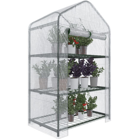 Serra A 3 Ripiani Da Giardino Per Orto Telaio In Acciaio Verniciato Telo In PVC Trasparente Porta Avvolgibile Apertura A Cerniera Protezione Piante Giardinaggio Design Sunnyside 69 x 49 x 125 Cm
