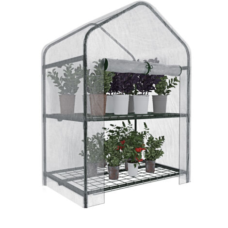 Serra A 2 Ripiani Da Giardino Per Orto Telaio In Acciaio Verniciato Telo In PVC Trasparente Porta Avvolgibile Apertura A Cerniera Protezione Piante Giardinaggio Design Con ruote 69 x 49 x 125 Cm