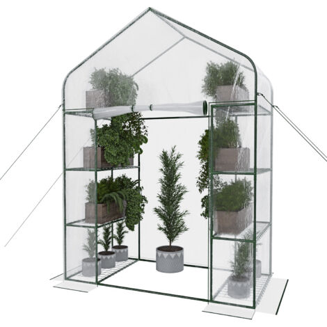 Serra Da Giardino Per Orto Con 8 Ripiani In Metallo Telaio A Casetta In Acciaio Telo Trasparente In PVC Porta Avvolgibile Apertura A Cerniera Protezione Piante Giardinaggio 143 x 74 x 195 Cm