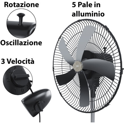 Ventilatore A Piantana Potente Da 75W Per Pavimento 5 Pale In Acciaio Da 42 Cm Silenzioso 3 Velocità Oscillante Altezza e Inclinazione Regolabili Griglia Di Protezione Design Mexicali Colore Nero