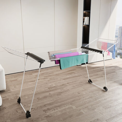 Stendibiancheria Estensibile Fino a 2 Metri Griglia Telescopica 30 M di Stenditura Stendino Grandi Dimensioni Ali Alte Uso Interno Esterno Con Ruote Richiudibile 218-300 x 55 x 126 cm (Bianco e nero) (1/5)
