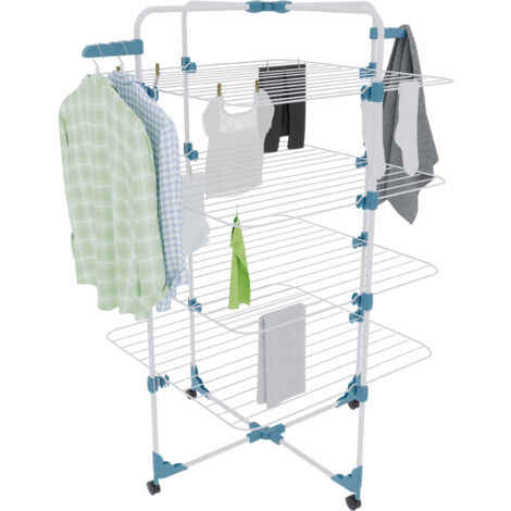 Stendibiancheria Da Pavimento Con Rotelle Stendino A Torre Verticale In Acciaio Con 4 Ripiani e 2 Appendi Grucce Pieghevole Salvaspazio Per Biancheria Lenzuola Panni 168.5 x 71 x 71 Cm (Bianco E Blu)