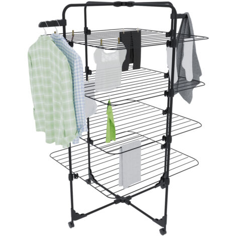 Stendibiancheria Da Pavimento Con Rotelle Stendino A Torre Verticale In Acciaio Con 4 Ripiani e 2 Appendi Grucce Pieghevole Salvaspazio Per Biancheria Lenzuola Panni 168.5 x 71 x 71 Cm (Nero Opaco)