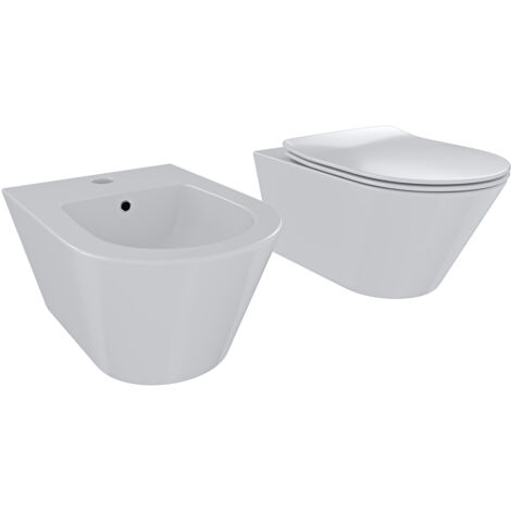 Coppia Sanitari Sospesi Vaso WC E Bidet Sospeso Design Moderno Tondo In Ceramica Con Copriwater Chiusura Soft Close Chiusura Rallentata Colore Bianco Lucido