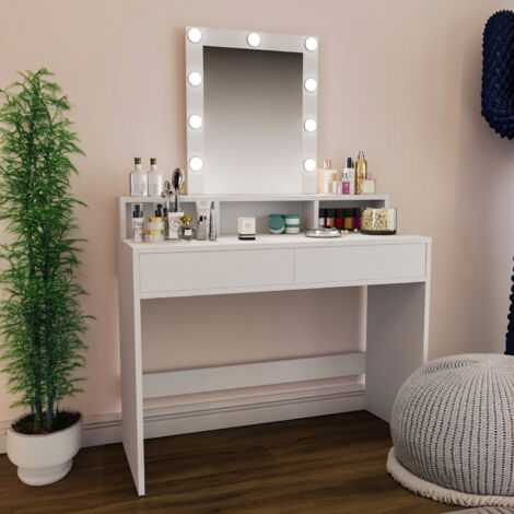 Toeletta Tavolino Da Trucco Tavolo Con 9 Luci LED Con Luminosità Regolabile Specchio Verticale 2 Cassetti 3 Scomparti A Giorno Postazione Make Up In Legno Design Moderno 40 x 100 x 145 Cm Bianco