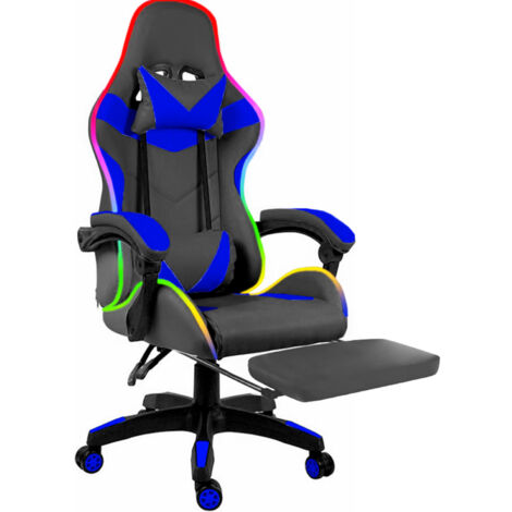 Sedia Gaming Con LED RGB e Telecomando Poltrona Ufficio Scrivania Casa PC Stile Racing Girevole Ergonomica In Ecopelle Cuscino Supporto Lombare Poggiapiedi Poggiatesta Braccioli (Nero e Blue)