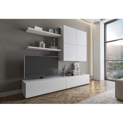 Parete Attrezzata Mobile Soggiorno Moderno Con Base TV 2 Ante Pensile 4 Ante e 2 Mensole Design Contemporaneo in Melaminico Facile da Pulire 200 x 194 x 40 cm Bianco
