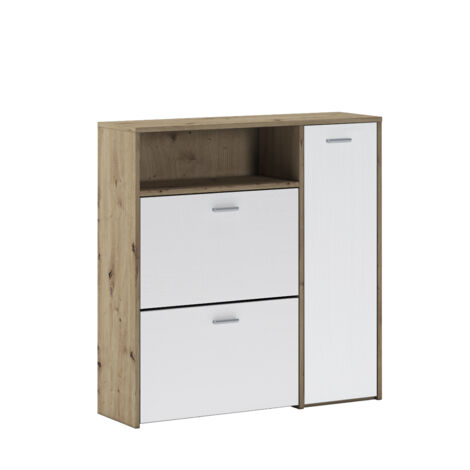 Scarpiera Mobile Portascarpe Salvaspazio Ingresso Con 2 Ribalte Doppia Profondità 4 Vani A Giorno Design Moderno Per Corridoio Sala 91.5 x 94 x 26.6 Cm Bianco e Rovere