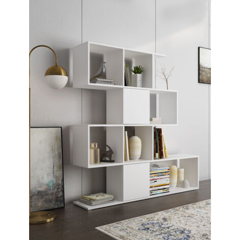 Libreria Moderna Asimmetrica Porta Libri Mensole Ripiani Design Bifacciale Con Vani Aperti e Chiusi Soggiorno Salotto 145 x 27,8 x 142 Cm Bianco (1/2)