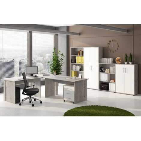 Set Ufficio Completo Con 2 Scrivanie 1 Modulo Ad Angolo 1 Cassettiera Con Ruote 2 Armadi (Alto e Basso) 2 Librerie (Alta E Bassa) Finitura Bianco Frassinato E Grigio Cemento (1/5)