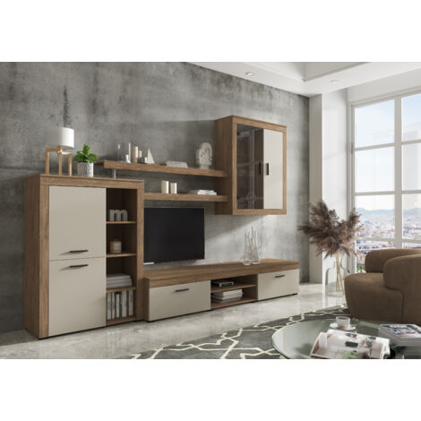 Parete Attrezzata Da Soggiorno Salotto Moderna Con Ante Mensole Vani A Giorno Vetrinetta Mobile TV Design Moderno Moduli Sospesi 293 x 193 x 50 Cm Bianco E Rovere Scuro