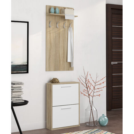 Set Ingresso Salvaspazio con Scarpiera 2 Ribalte e Appendiabiti da Parete con Mensola Mobile Ingresso Moderno Soggiorno Portascarpe Giacche 54 x 73 x 18 Cm Bianco E Rovere