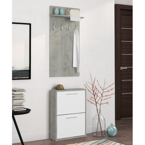 Set Ingresso Salvaspazio con Scarpiera 2 Ribalte e Appendiabiti da Parete con Mensola Mobile Ingresso Moderno Soggiorno Portascarpe Giacche 54 x 73 x 18 Cm Bianco E Grigio Cemento