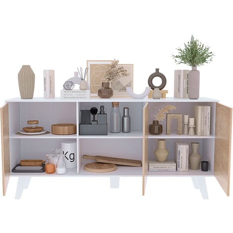 Credenza Gijòn Mobile Mobiletto Soggiorno Salotto Ingresso Sala da Pranzo 3 Ante 154 x 41 x 75 cm Colore Bianco Lucido Rovere Chiaro