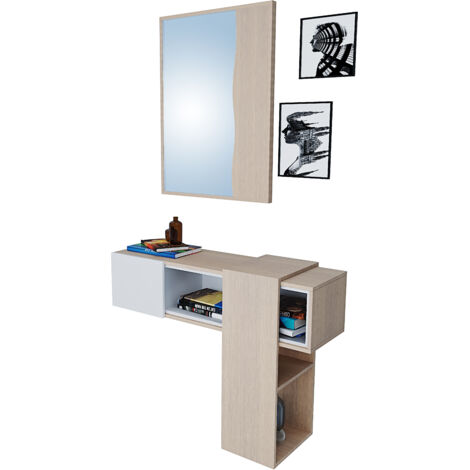 Mobile Danzica Mobiletto da Ingresso Mensola Sospesa con Specchio E Ripiani Scorrevole Arredo Arredamento Sala 100 x 31.5 x 75 cm Colore Bianco e Rovere