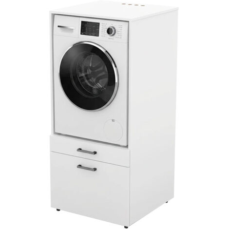 Mobile Lavatrice Con Cassettone E Mensola Estraibile Mobiletto Lavanderia O Asciugatrice Salvaspazio Con Vano Incasso Piano D' Appoggio E Contenitore Bagno Ripostiglio 67 × 65 × 144 Cm Bianco