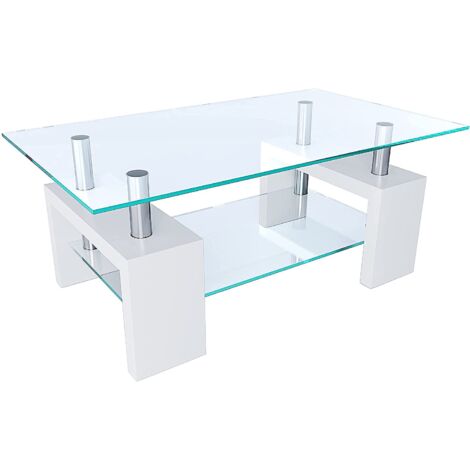Tavolino Basso Rettangolare Salotto In Vetro E Legno MDF Per Soggiorno Salone Sala Da Pranzo Tavolo Da Caffè Con Ripiano Moderno Ed Elegante Bianco 100 x 60 x 45 cm