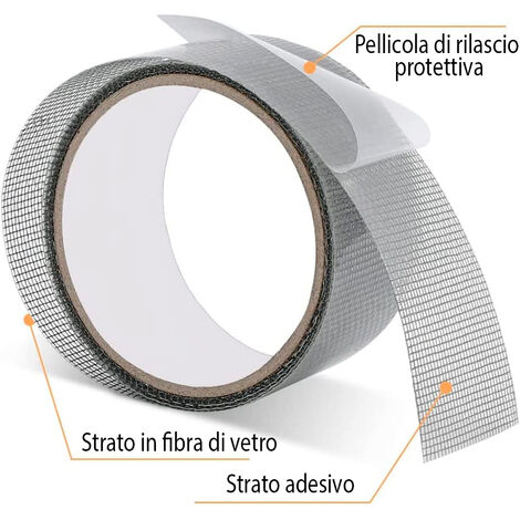 Set da 2 Nastro Ripara Zanzariere Adesivo Per Riparare Zanzariera Kit Riparazione In Fibra Di Vetro Per Tenda Finestra Porta 5 x 200 Cm Colore Grigio