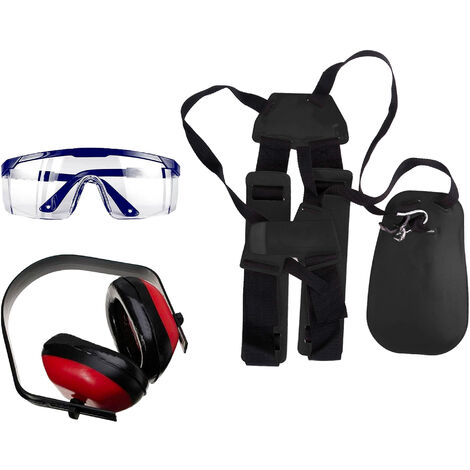 Kit Cintura Per Decespugliatore Con Occhiali Protettivi Da Lavoro e Cuffie Antirumore Set Composto Da Cinghia Doppia Tracolla Regolabile Occhiali Di Sicurezza Antigraffio Cuffie Per Proteggere Udito