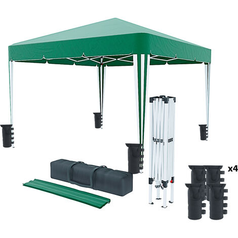 Gazebo Pieghevole Idrorepellente 3 x 3 M Da Giardino Con 4 Sacche Per Pesi E Sacca Di Trasporto Chiusura A Fisarmonica Per Fiere Campeggio Esterno Piscina Struttura Acciaio Copertura 160 gr/m² (Verde)