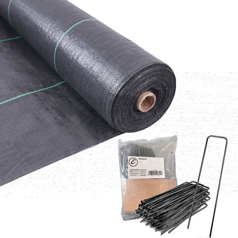 Telo Pacciamatura in Rotoli 90gr/mq + 50 Picchetti in Acciaio Anti Erbacce Pacciamante Orto Giardino Protezione Raggi UV Permeabile Drenante Copertura Terreno Antialga (H 160 cm x 100 M, Nero) - Color