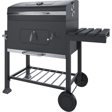 Barbecue Grill A Carbonella BBQ Da Giardino Picnic Balcone Terrazzo Con Coperchio Ruote E Termometro Ripiano Laterale Ribaltabile Con 4 Ganci Manico In Acciaio Inox 106 x 46 x 114 cm Colore Nero