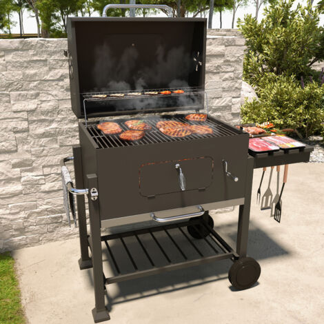 Barbecue Grill A Carbonella BBQ Da Giardino Picnic Balcone Terrazzo Con Coperchio Ruote E Termometro Ripiano Laterale Ribaltabile Con 4 Ganci Manico In Acciaio Inox 106 x 46 x 114 cm Colore Nero