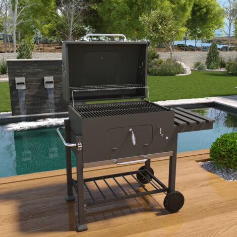 Barbecue Grill A Carbonella BBQ Da Giardino Picnic Balcone Terrazzo Con Coperchio Ruote E Termometro Ripiano Laterale Ribaltabile Con 4 Ganci Manico In Acciaio Inox 106 x 46 x 114 cm Colore Nero