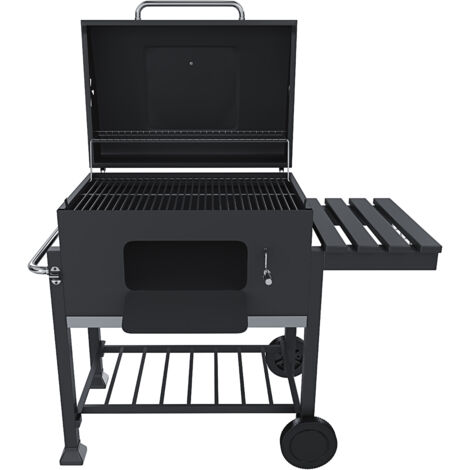 Barbecue Grill A Carbonella BBQ Da Giardino Picnic Balcone Terrazzo Con Coperchio Ruote E Termometro Ripiano Laterale Ribaltabile Con 4 Ganci Manico In Acciaio Inox 106 x 46 x 114 cm Colore Nero