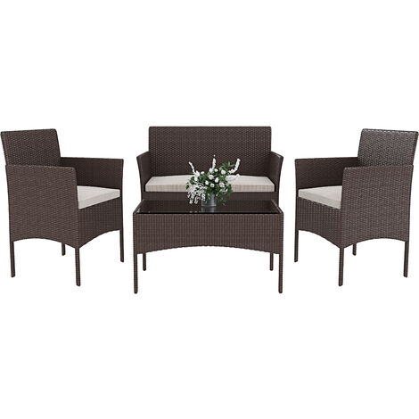 Arreditaly Set Di Mobili da Giardino Salotto Salottino in Rattan 4 Posti con Tavolino E Ripiano In Vetro 2 Poltrone e Divano 2 Posti Per Giardino Esterno Piscina Cuscini Sfoderabili (Brown)