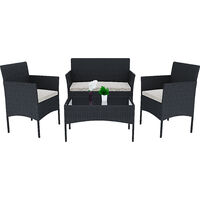 Set Di Mobili da Giardino Salotto Salottino in Rattan 4 Posti con Tavolino E Ripiano In Vetro 2 Poltrone e Divano 2 Posti Per Giardino Esterno Piscina Cuscini Sfoderabili Colore Nero