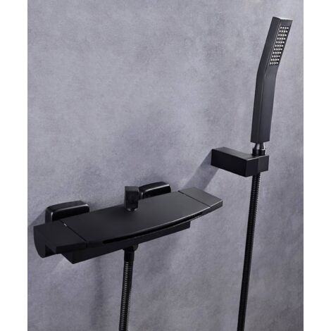 Robinet mélangeur bain-douche mural encastré – Bec plat horizontal – Finition laiton noir – Design moderne pour salle de bain – Lookshop (1/7)