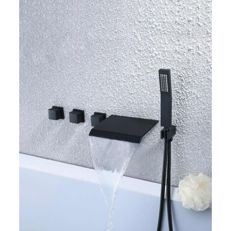 Mitigeur de baignoire encastré noir – Finition métal – Bec cascade extra plat – Douchette avec inverseur carré – Résistant à l'usure – Lookshop