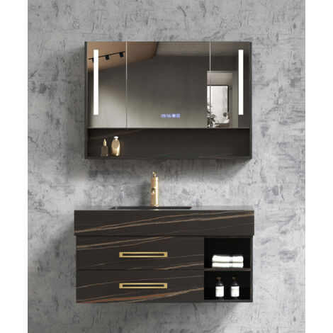 Meuble de salle de bain suspendu Noir avec motif doré - 120 cm - Jaipur (1/4)