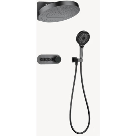 Pack mitigeur thermostatique de douche encastrée pommeau pluie et cascade - Gun métal