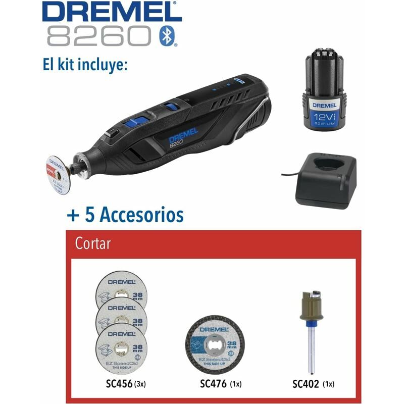 DREMEL 8260 batería lítio 12 V 3.0 Ah sin escobillas, cargador de 1 hora +5  accesorios.