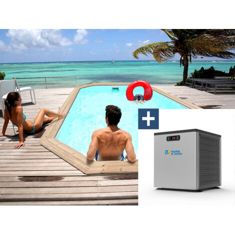 Holzpool "Cordoue" - 3,48 x 2,15 m x 1,18 m + Mini-Wärmepumpe 3,5 kW - Metall - Grau